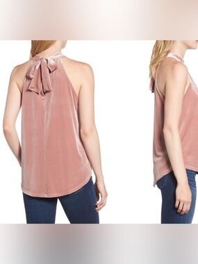 Girly coquette Y2K flirty baby pink velvet bow tie halter going out top